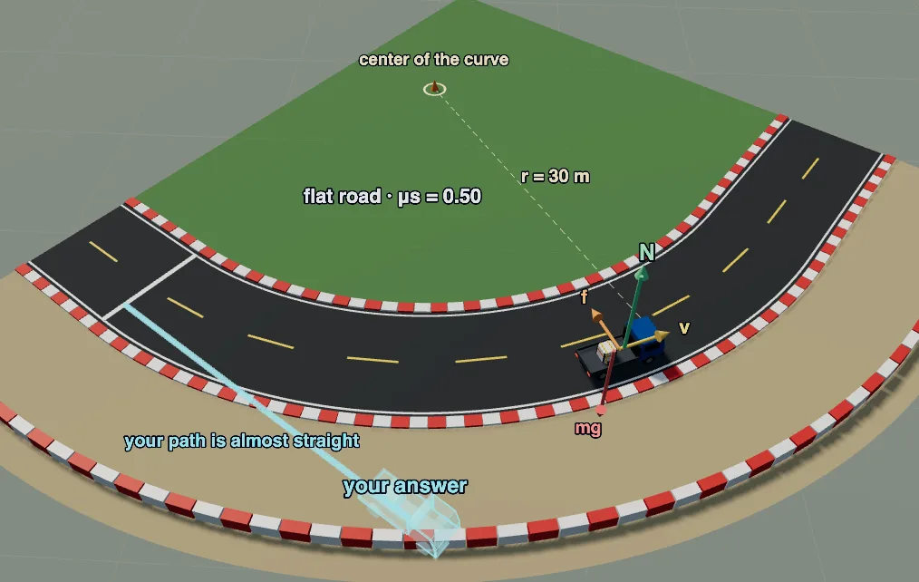 The flat curve stage: a ghost transporter moving too fast slides off the curve while the real transporter rounds it.