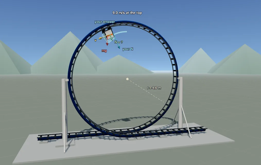 The test loop stage: a ghost pod driven by a normal force that is too large leaves the track at the top of the loop.