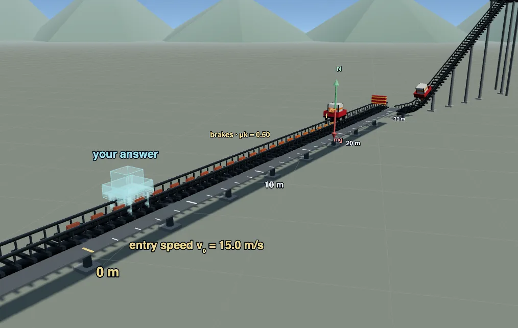 The brake run stage: a ghost cart stops short of the real cart, with energy bars for kinetic and thermal energy.