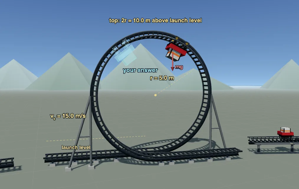The coaster loop stage: a ghost cart with too much energy moves ahead of the real cart around the loop.
