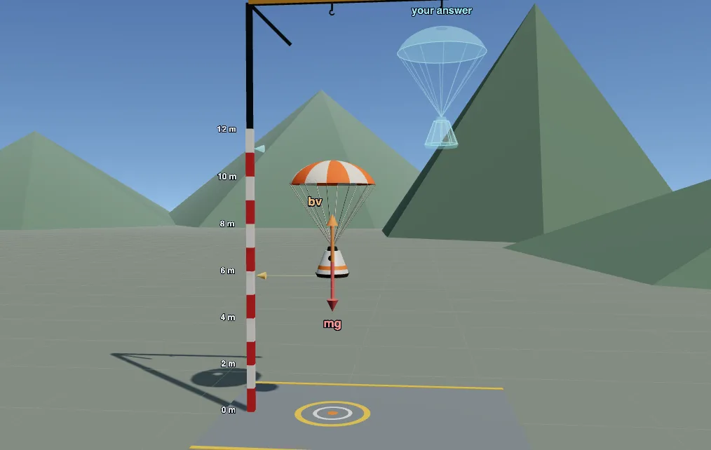 The parachute return stage: a capsule falls with drag beside a height scale while a ghost capsule falls at the terminal speed the student entered.