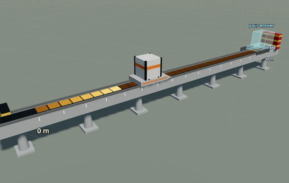 The launch sled stage: a sled on a long rail, pushed by a force that grows with time, with a ghost sled far ahead.