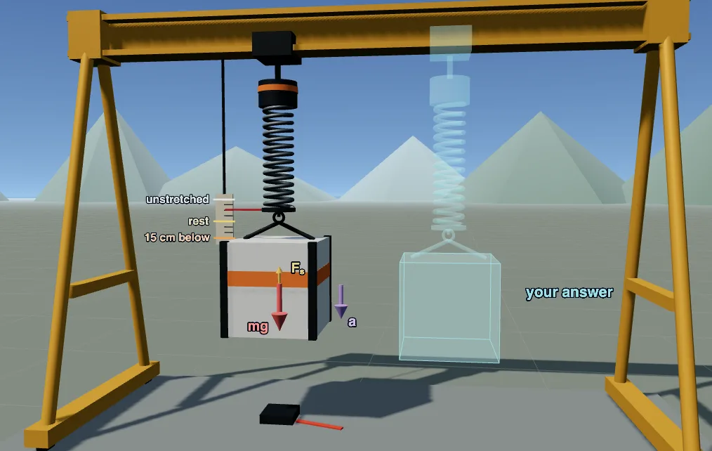 The spring scale stage: a pod hanging from a spring, pulled 15 cm below its rest position, beside a ghost pod that moves with the student’s acceleration.