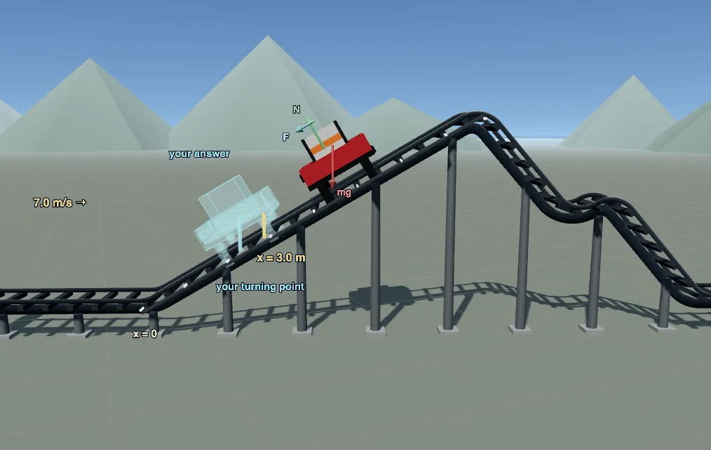 The camelback stage: the potential-energy graph and a ghost cart that turns back at the wrong position.