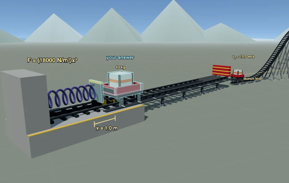 The stiffening-spring launcher, labeled F = (18000 N/m³)x³, after it has pushed the cart off its platform.
