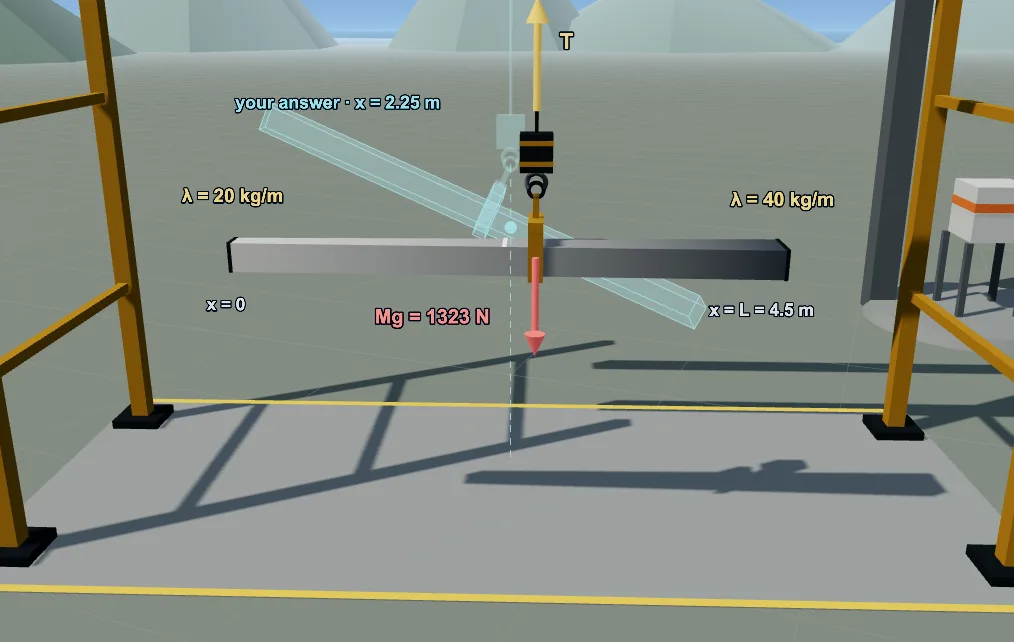 The crane boom stage: a boom whose density grows along its length hangs from a crane, and a ghost boom clamped at the student’s position tips toward its heavier end.