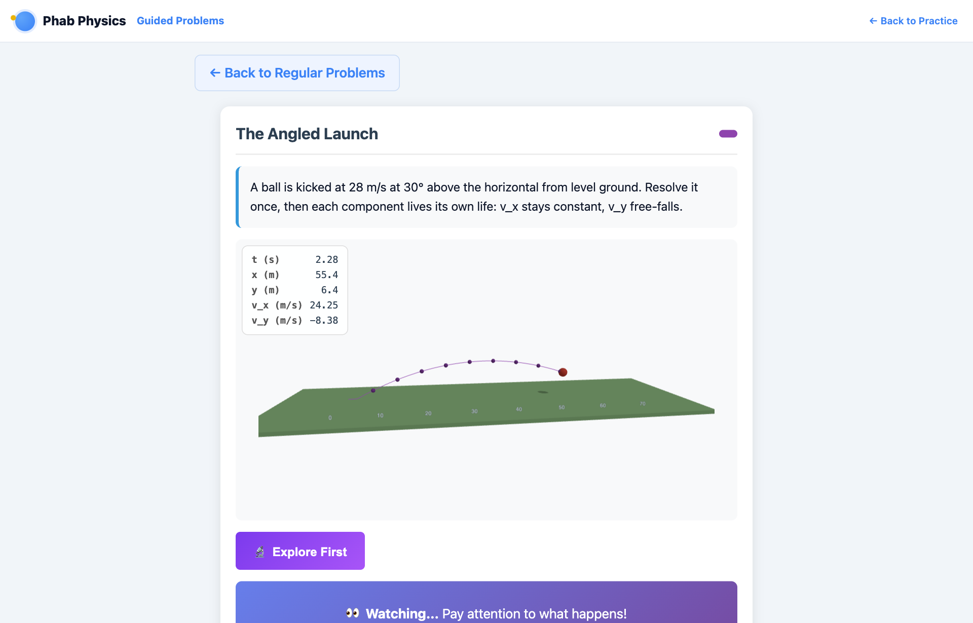 A guided problem: a 3D projectile simulation with a live data panel and step-by-step questions
