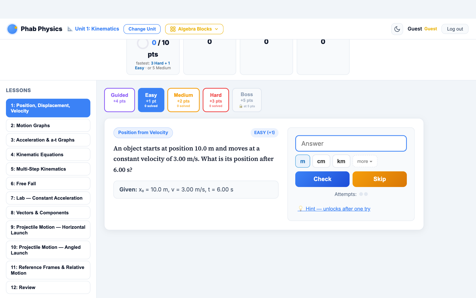 The daily practice page: difficulty levels, a generated problem, unit chips, and a points goal